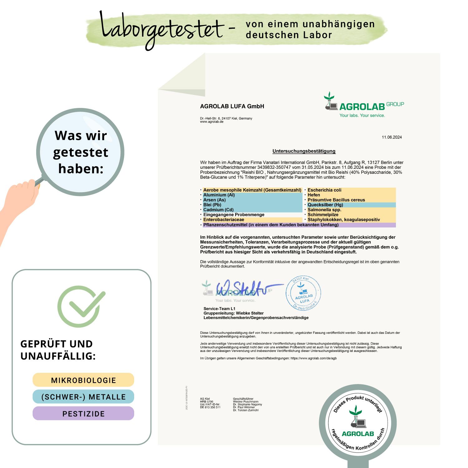 Zertifikat von Agrolab. Geprüft auf: Mikrobiologie, Schwermetalle, Pestizide. Unabhängiges deutsches Labor.