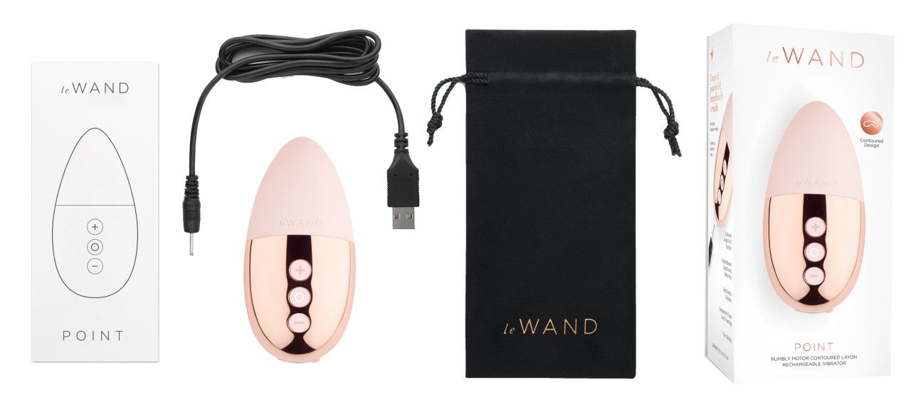 Vibrator, Ladekabel, Beutel und Verpackung. Produkt: Le Wand Point. Goldfarbener Vibrator mit drei Knöpfen.