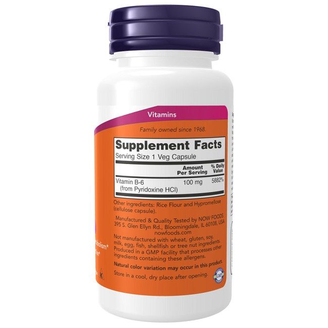 Rückseite der Now Foods Vitamin B-6 Pyridoxin 100 mg Kapseln, 100 Stück.