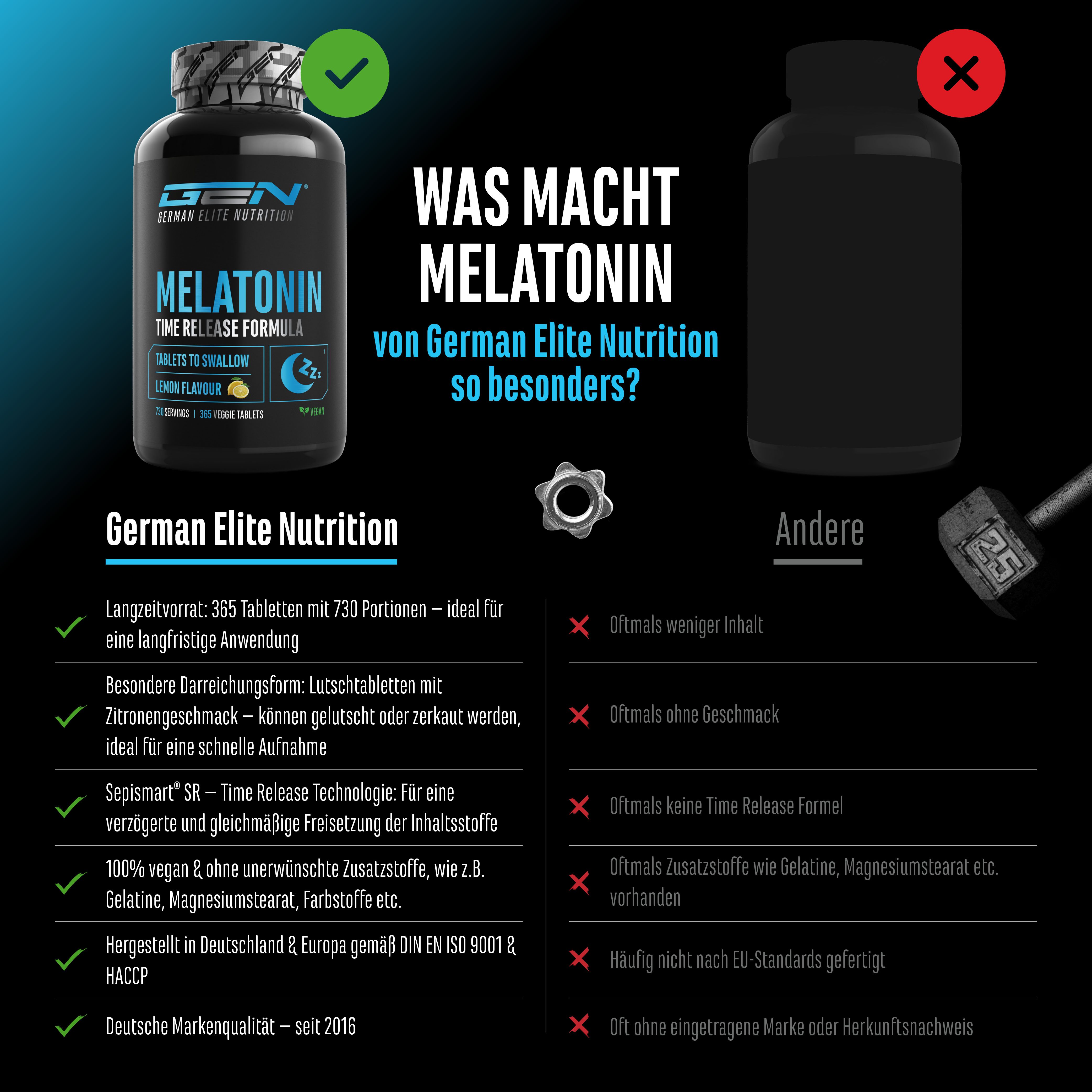 Vergleich von Melatonin-Tabletten von German Elite Nutrition. Eine Flasche mit GEN-Logo, die andere ohne. Text mit Vorteilen und Nachteilen.