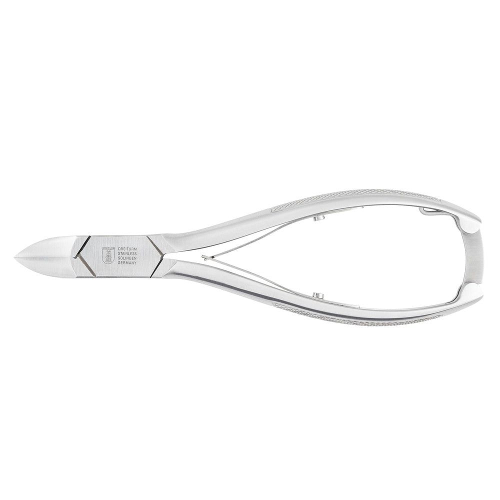 Solinger Pedikürezange aus Metall mit spitz zulaufenden Schneiden und ergonomischen Griffen.