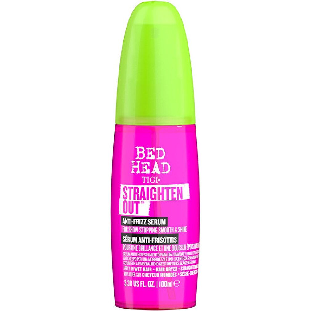 Rosa Flasche mit grünem Deckel. Aufschrift: Tigi Bed Head Straighten Out Anti-Frizz Serum. Mit Pumpkopf.