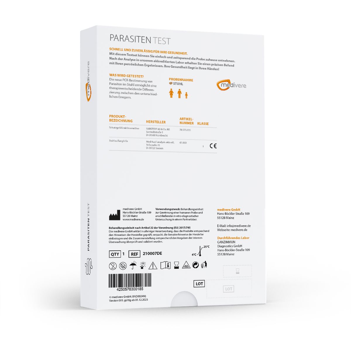 Rückseite der Produktverpackung. Enthält Informationen, Logos und Symbole.