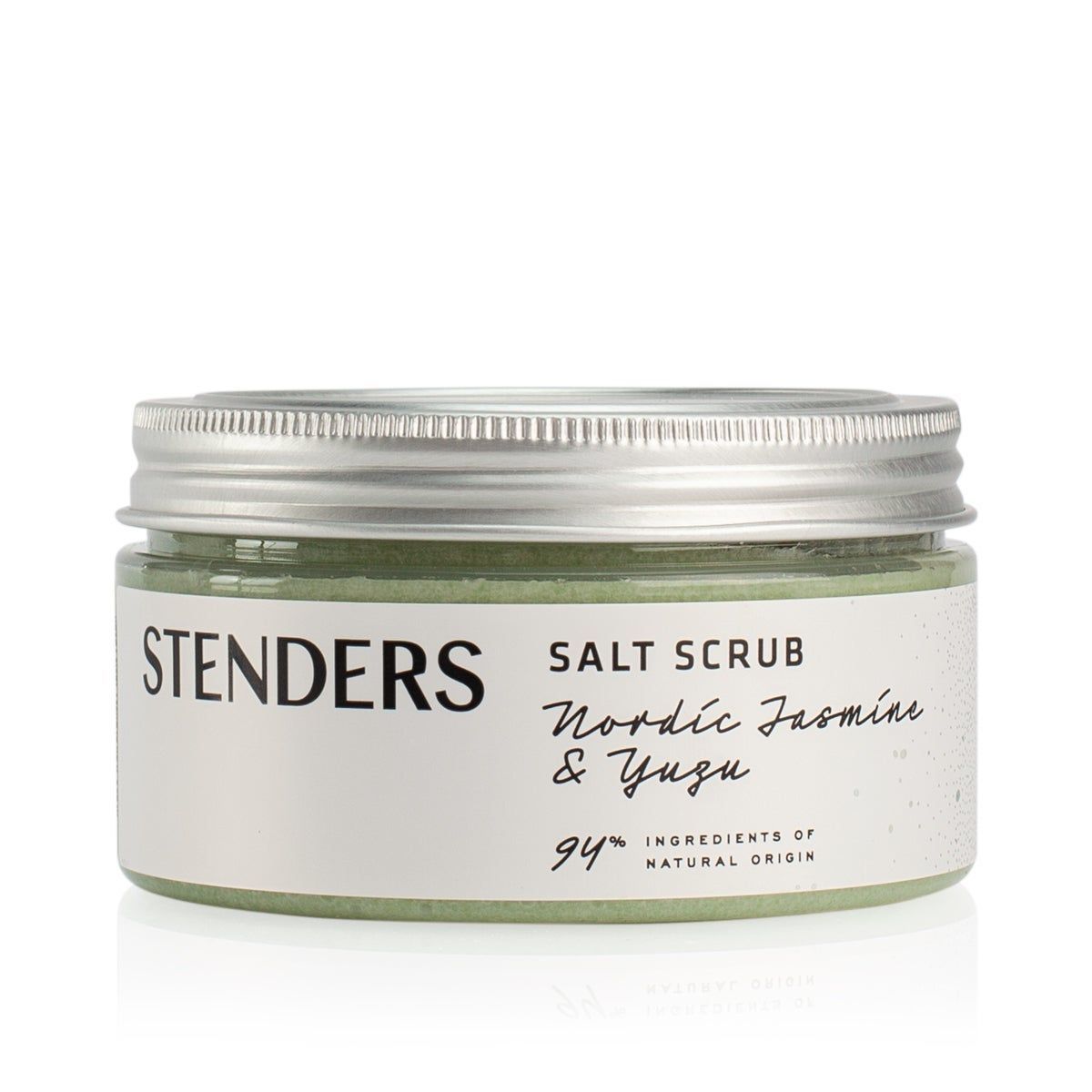 Glasbehälter mit silbernem Deckel. Aufschrift: STENDERS, SALT SCRUB, Nordic Jasmine & Yuzu. 94% Inhaltsstoffe natürlichen Ursprungs.