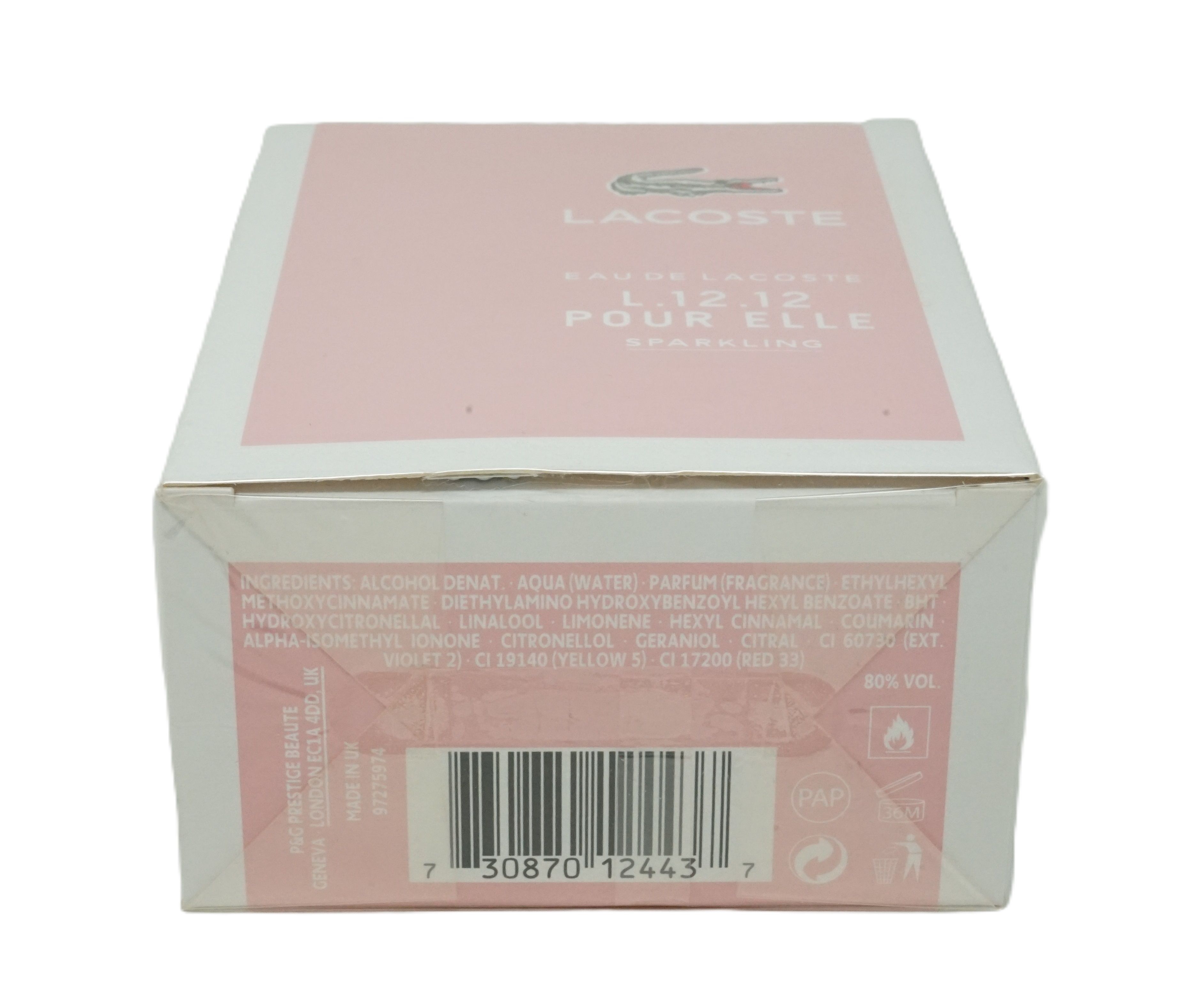 Rosa Verpackung mit Lacoste-Logo und Produktinformationen. Barcode und Inhaltsstoffe auf der Unterseite.