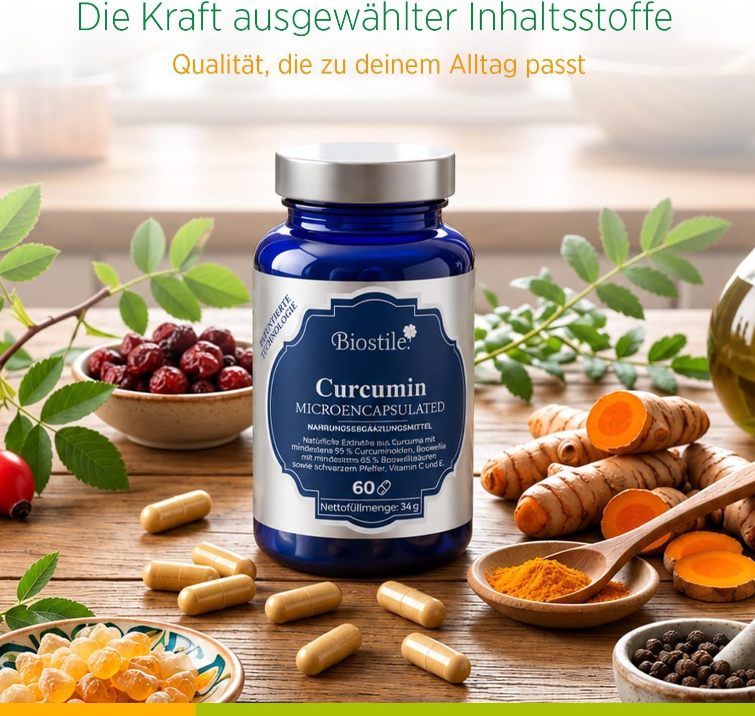 Biostile Curcumin Kapsel mit Kurkuma und Beeren.