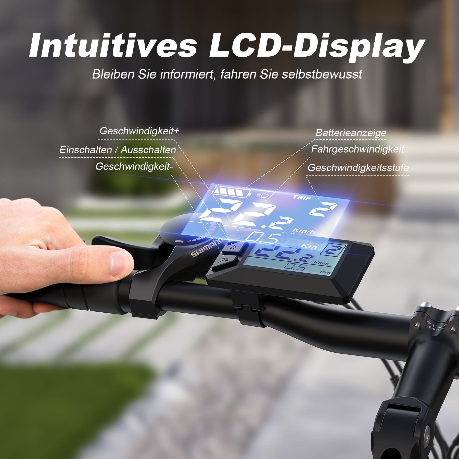 LCD-Display mit Geschwindigkeitsanzeige, Batteriestatus und weiteren Informationen. Schwarzer Lenker.