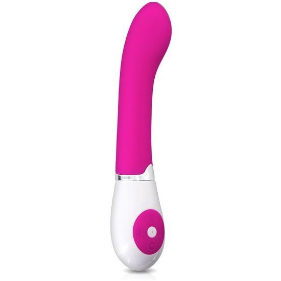 Pinkfarbener Vibrator mit weißem Unterteil. Geschwungene Form. Ein Knopf am unteren Ende. Aus Silikon.