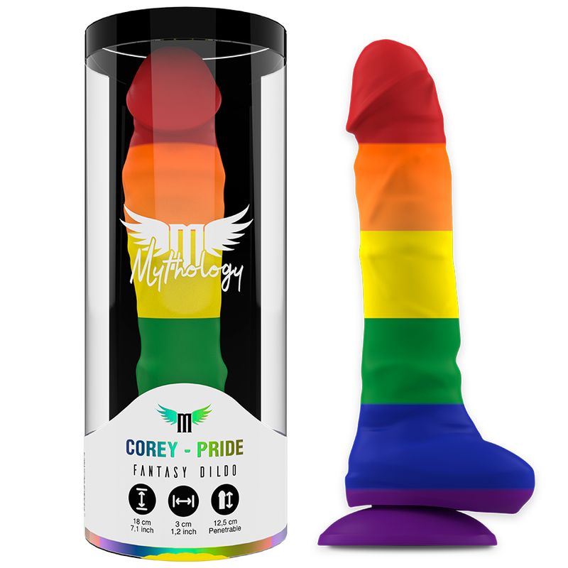 Regenbogenfarbener Dildo neben Verpackung. Produktname und Maße sichtbar.