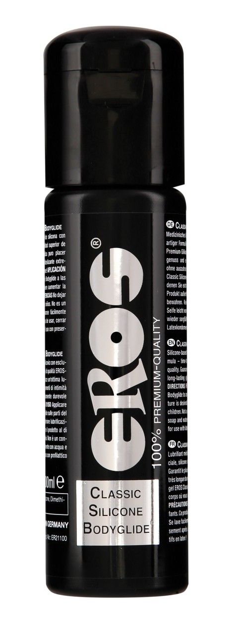 Schwarze Flasche mit "Eros"-Logo und Text "Classic Silicone Bodyglide".