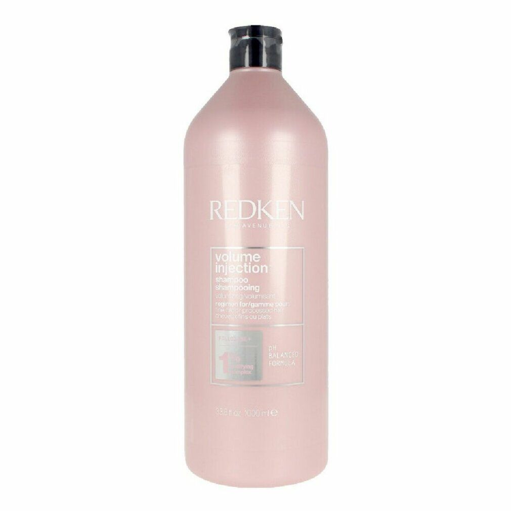 Rosa Shampoo-Flasche mit schwarzem Deckel. Aufschrift: REDKEN, Volume Injection Shampoo. 1000 ml.