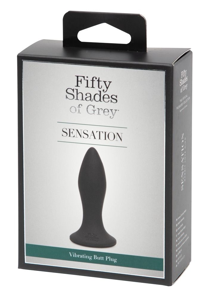 Schwarze Produktverpackung mit Analplug-Abbildung. Text: 'Fifty Shades of Grey - Sensation'.