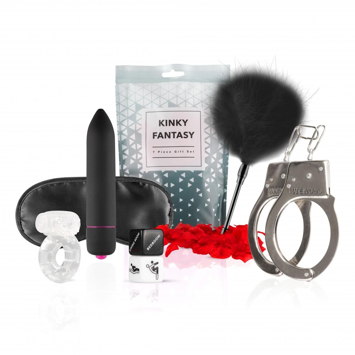 Set mit Augenmaske, Vibrator, Handfesseln, Federboa, Ring und Beutel mit Aufschrift "Kinky Fantasy".
