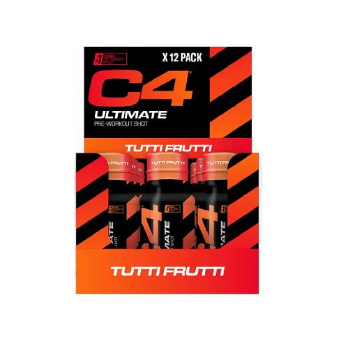 Verpackung mit Cellucor C4 Ultimate Pre-Workout Shot. Schwarze und orangefarbene Schachtel mit Schriftzug C4 Ultimate und Tutti Frutti.