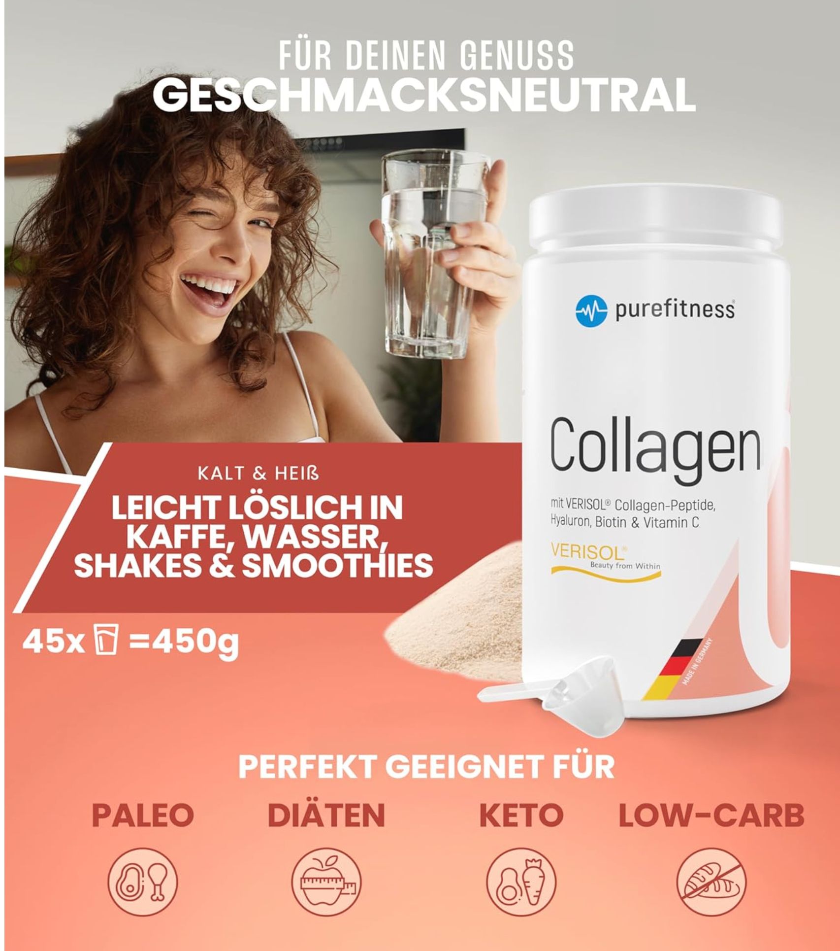 Frau mit Glas Wasser neben Dose "Collagen" von purefitness. Text: Geschmackneutral, leicht löslich in Kaffee, Wasser, Shakes & Smoothies.