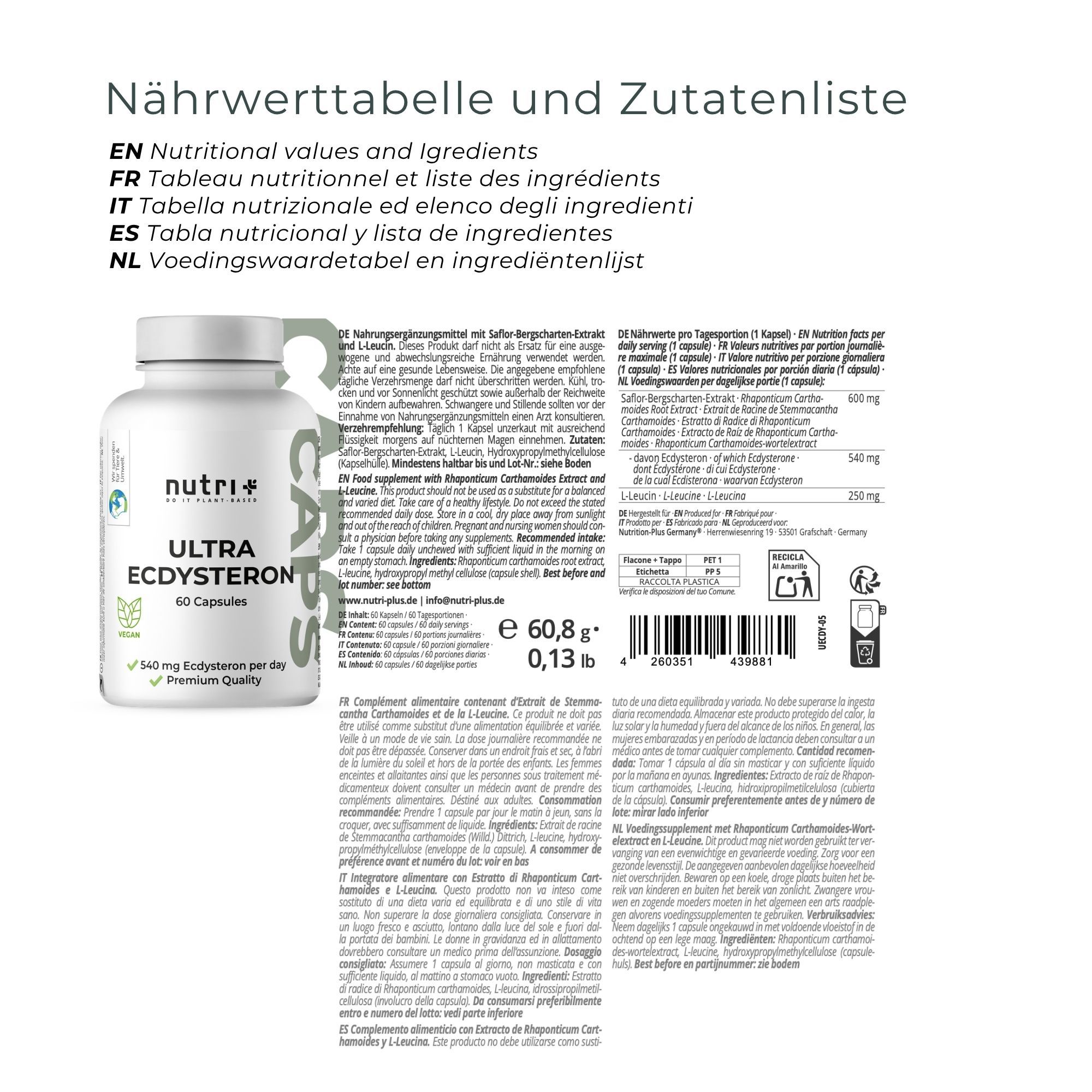 Flasche nutri+ Ultra Ecdysteron mit Nährwerttabelle und Zutatenliste in mehreren Sprachen.