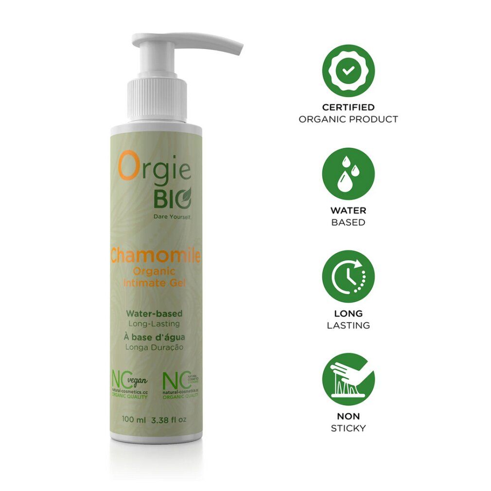 Flasche mit Pumpspender, Orgie Bio Kamille Intimgel, 100ml.