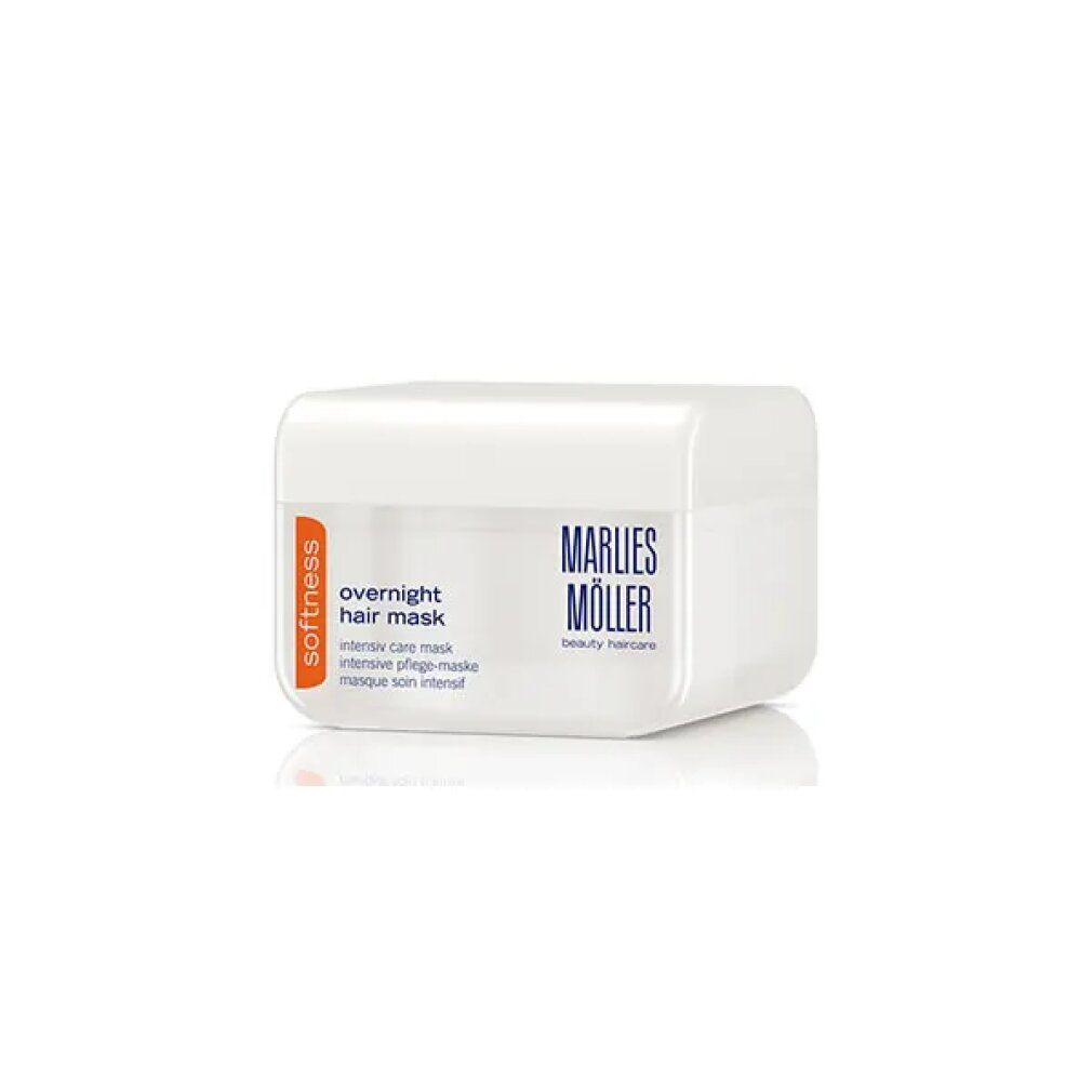 Weißer Tiegel mit Aufschrift Marlies Möller. Orangefarbener Streifen mit 'softness'. Text: Overnight Hair Mask.