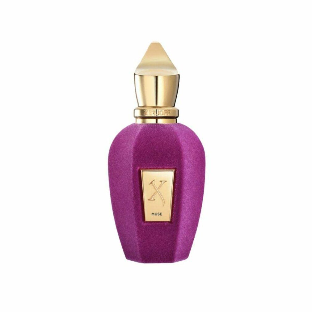 Flasche mit goldfarbenem Verschluss und lila Samt-Finish. Goldfarbenes Etikett mit Schriftzug "Muse".