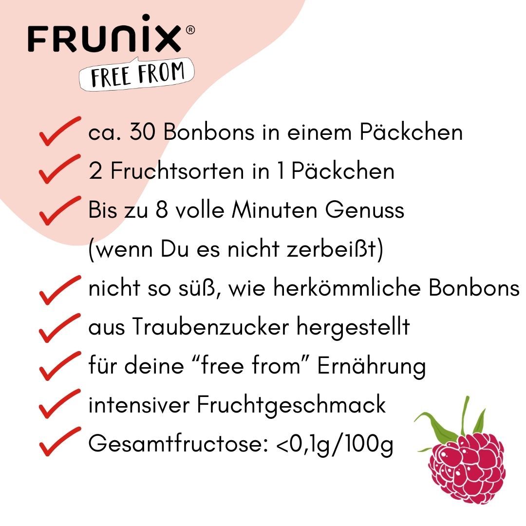 Text: ca. 30 Bonbons, 2 Fruchtsorten, bis zu 8 Minuten Genuss, nicht so süß, aus Traubenzucker, für deine „free from“ Ernährung, intensiver Fruchtgeschmack.