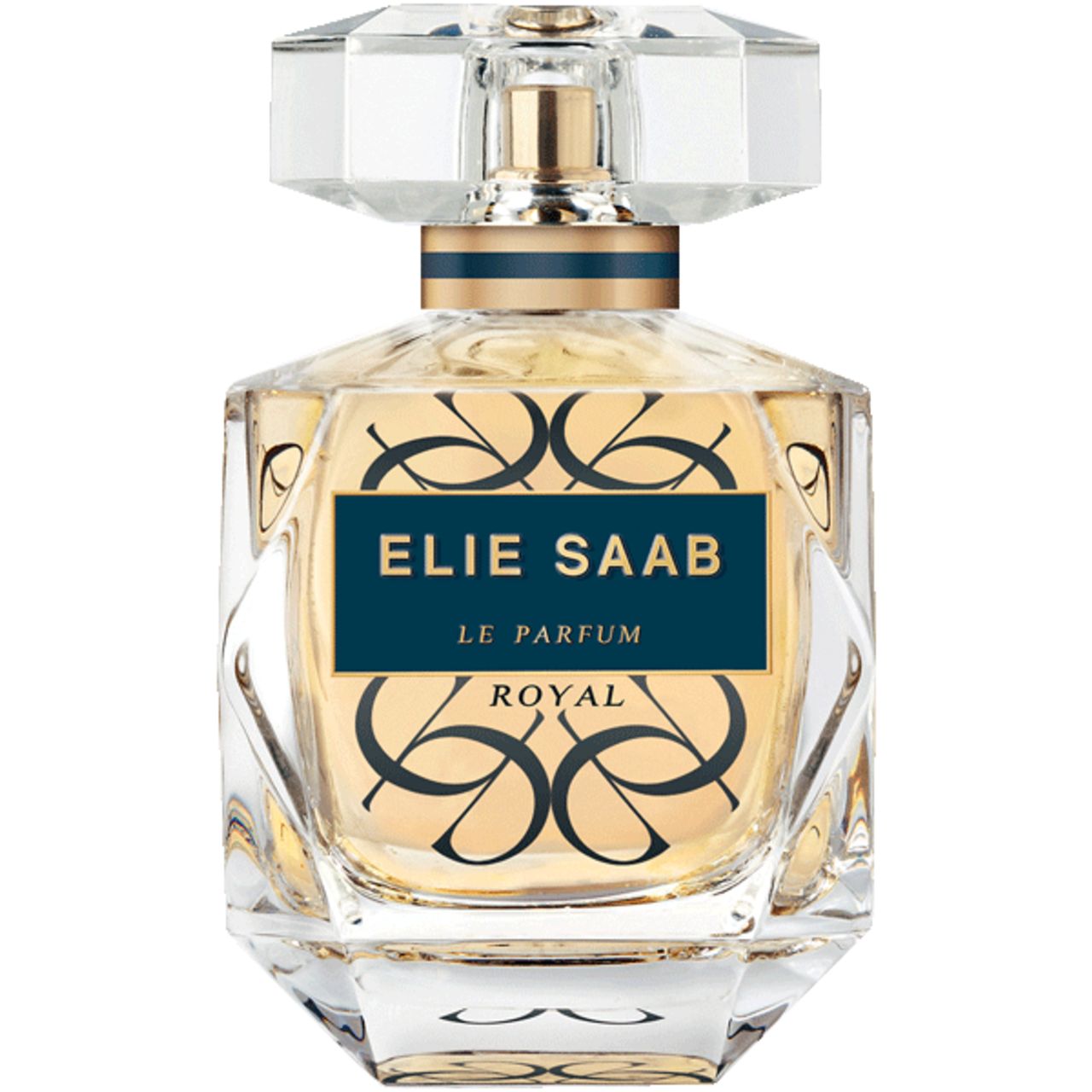 Parfümflakon mit goldfarbenem Inhalt, quadratisch, mit transparentem Deckel. Aufschrift: ELIE SAAB, LE PARFUM ROYAL.
