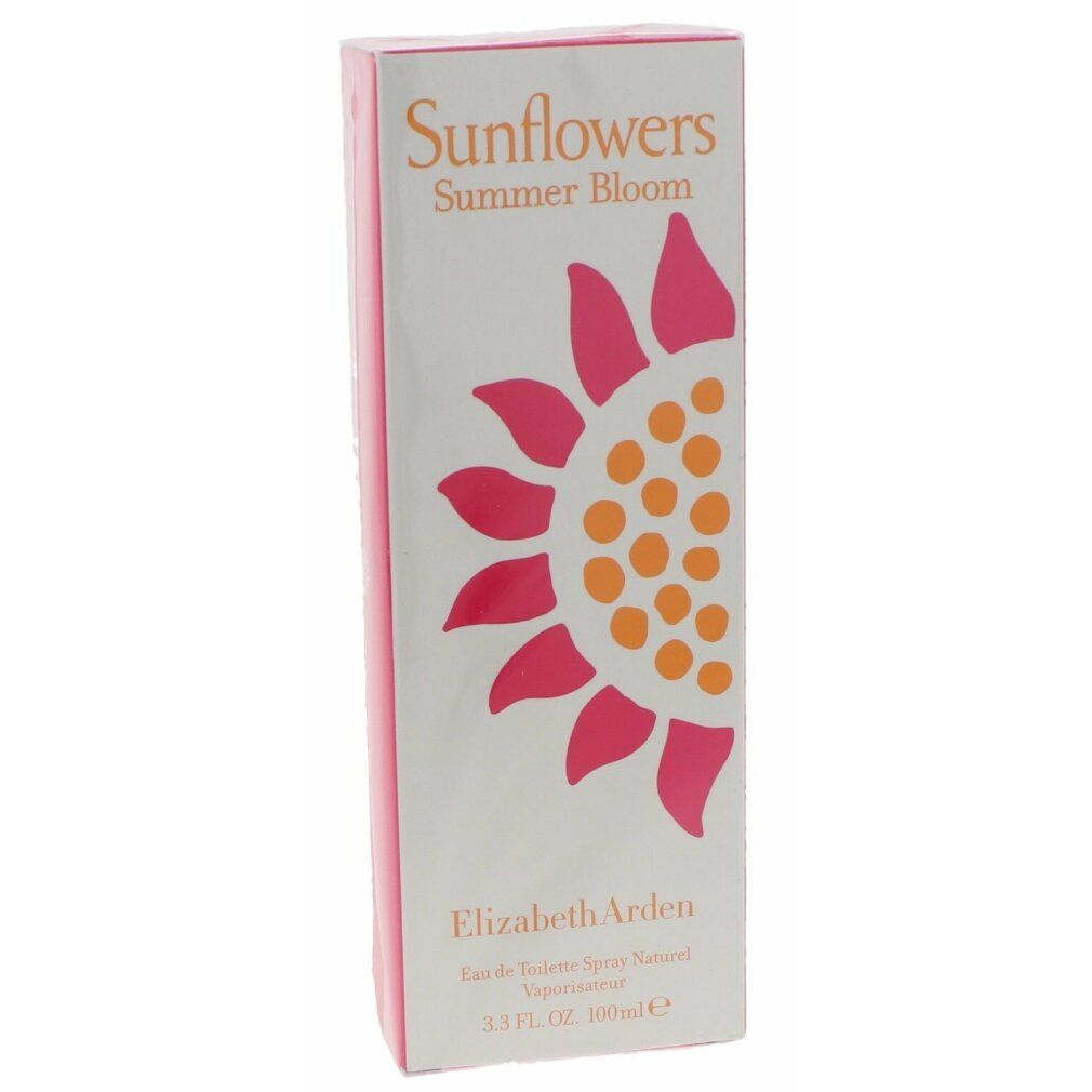 Verpackung von Sunflowers Summer Bloom. Weißer Karton mit Sonnenblumen-Design. Text: Elizabeth Arden, Eau de Toilette Spray.