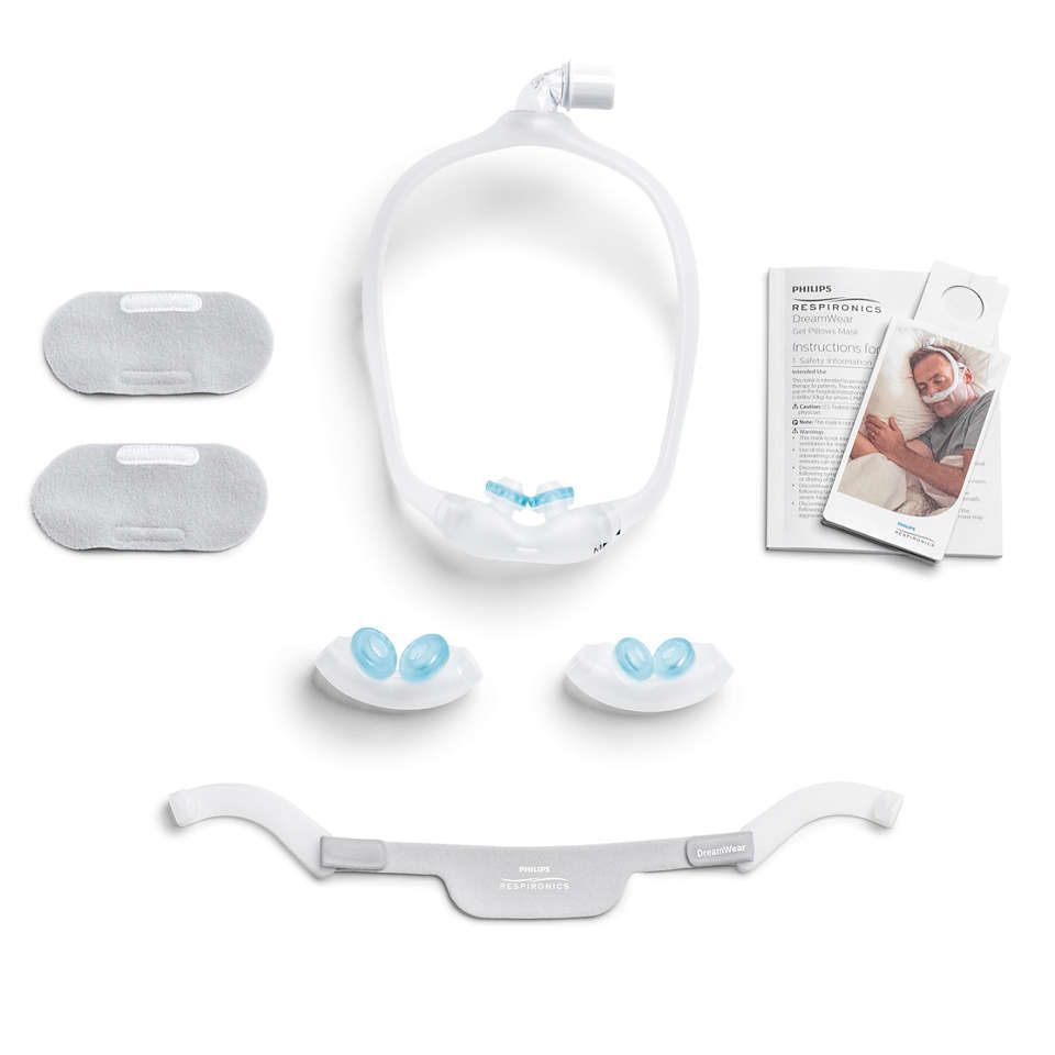 Philips  DreamWear Gelkissen-Nasenmaske mit Ausatemventil, Kopfband und 4 Maskenkissen