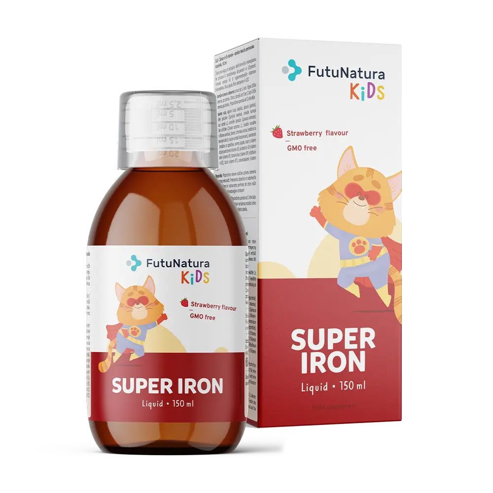 Flasche und Verpackung von FutuNatura Kids Super Iron. Flüssiges Nahrungsergänzungsmittel für Kinder. Erdbeergeschmack.