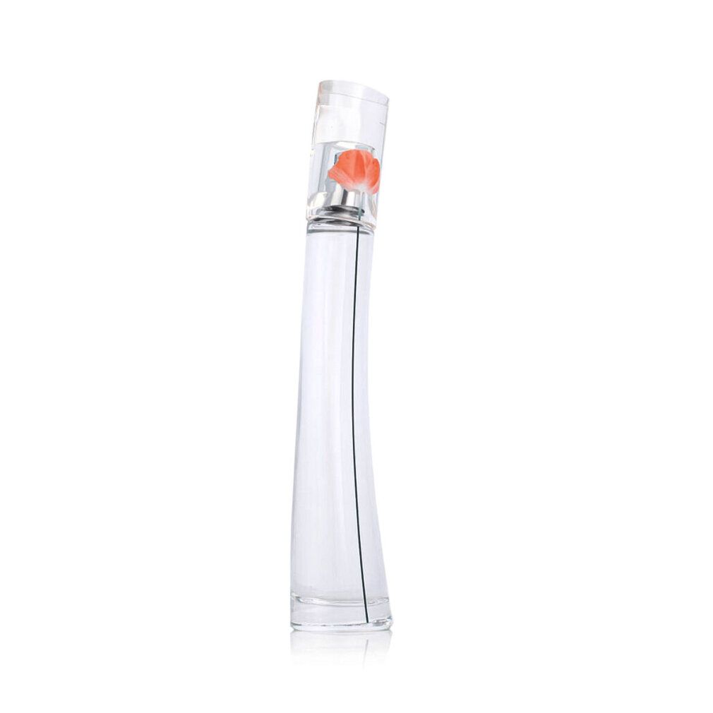 Kenzo Flower Eau de Toilette Flakon. Transparenter Flakon mit roter Blume. Weißer Hintergrund.