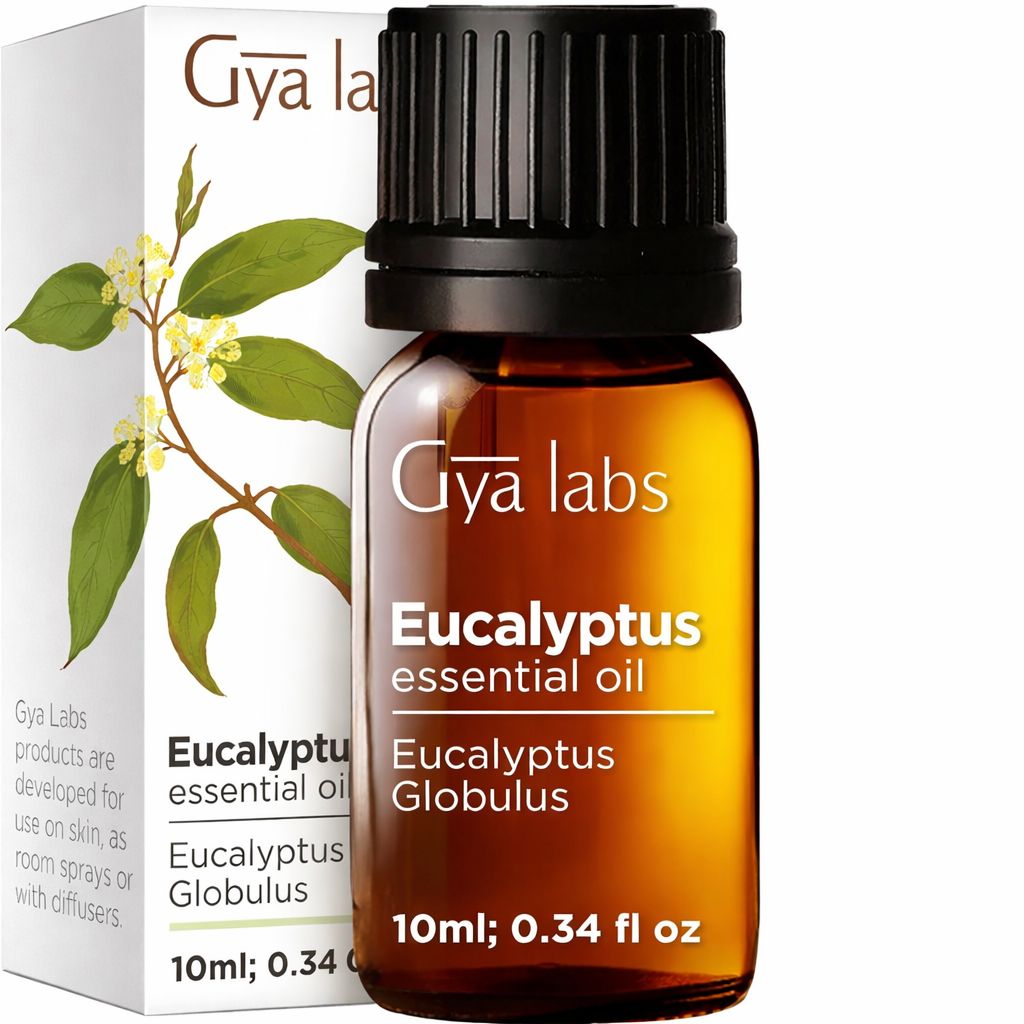 Braune Flasche mit ätherischem Öl. Text: Gya Labs, Eukalyptus ätherisches Öl, Eucalyptus Globulus. 10ml; 0,34 fl oz.