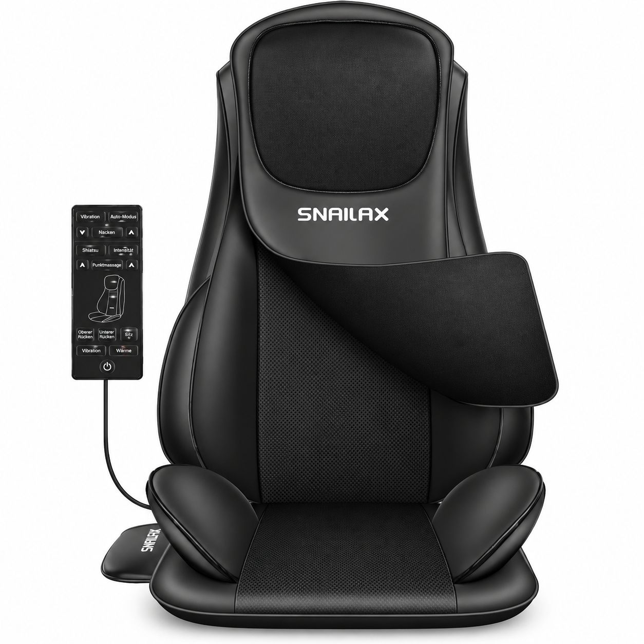 Schwarzes Massagekissen mit SNAILAX-Logo, perforierter Mitte und Heizfunktion.