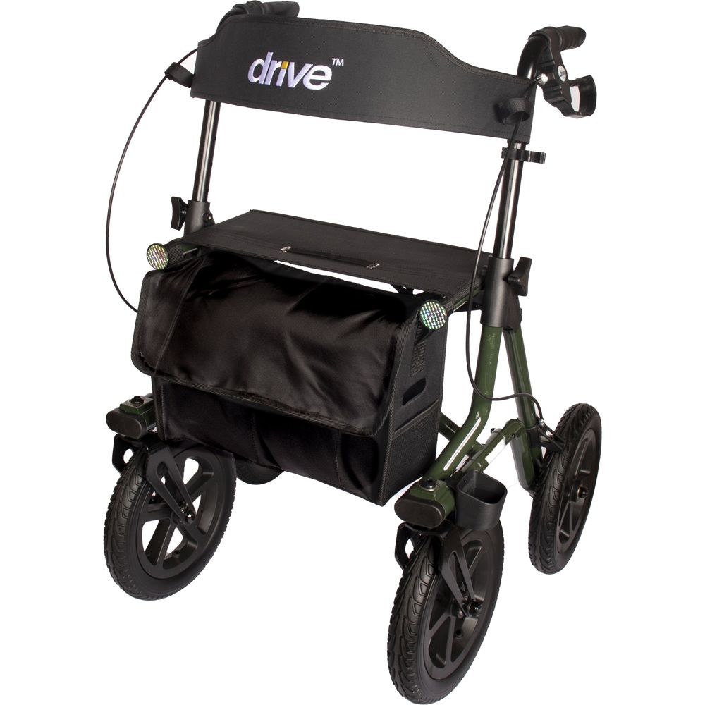 Rollator mit vier Rädern, schwarzem Sitz und Tasche. Marke Drive. Grüne Rahmenkonstruktion. Getränkehalter.