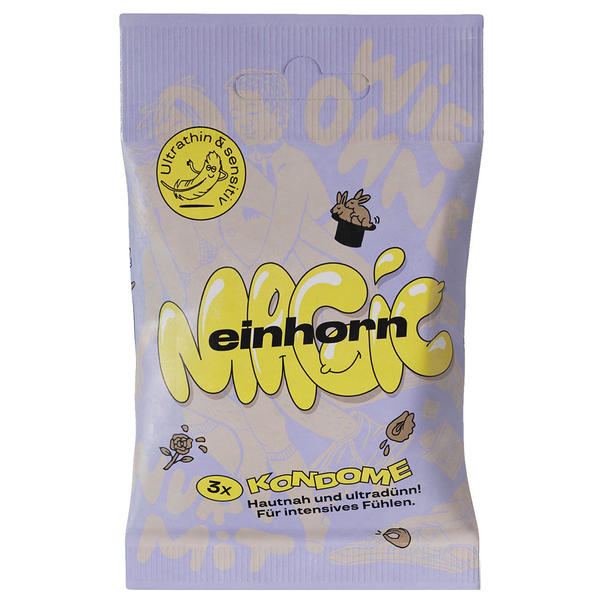 Verpackung mit Kondomen. Aufschrift MAGIC, einhorn. 3 Kondome. Hautnah und ultradünn. Mit Illustrationen.