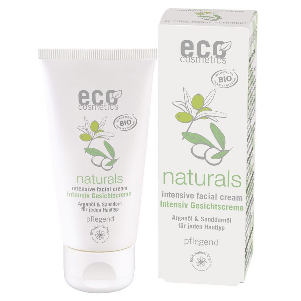 Weiße Tube und Schachtel mit Produktaufdruck. Aufschrift: naturals, intensive facial cream, Intensiv Gesichtscreme. Bio-Siegel.