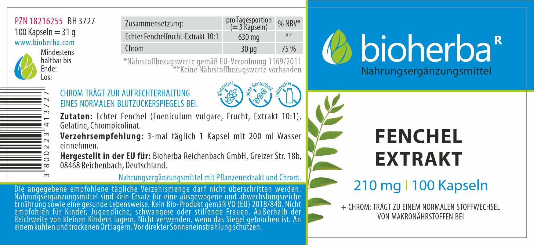 Etikett mit Produktinformationen. Enthält Fenchel Extrakt Kapseln, 210 mg, 100 Kapseln. Marke: Bioherba.