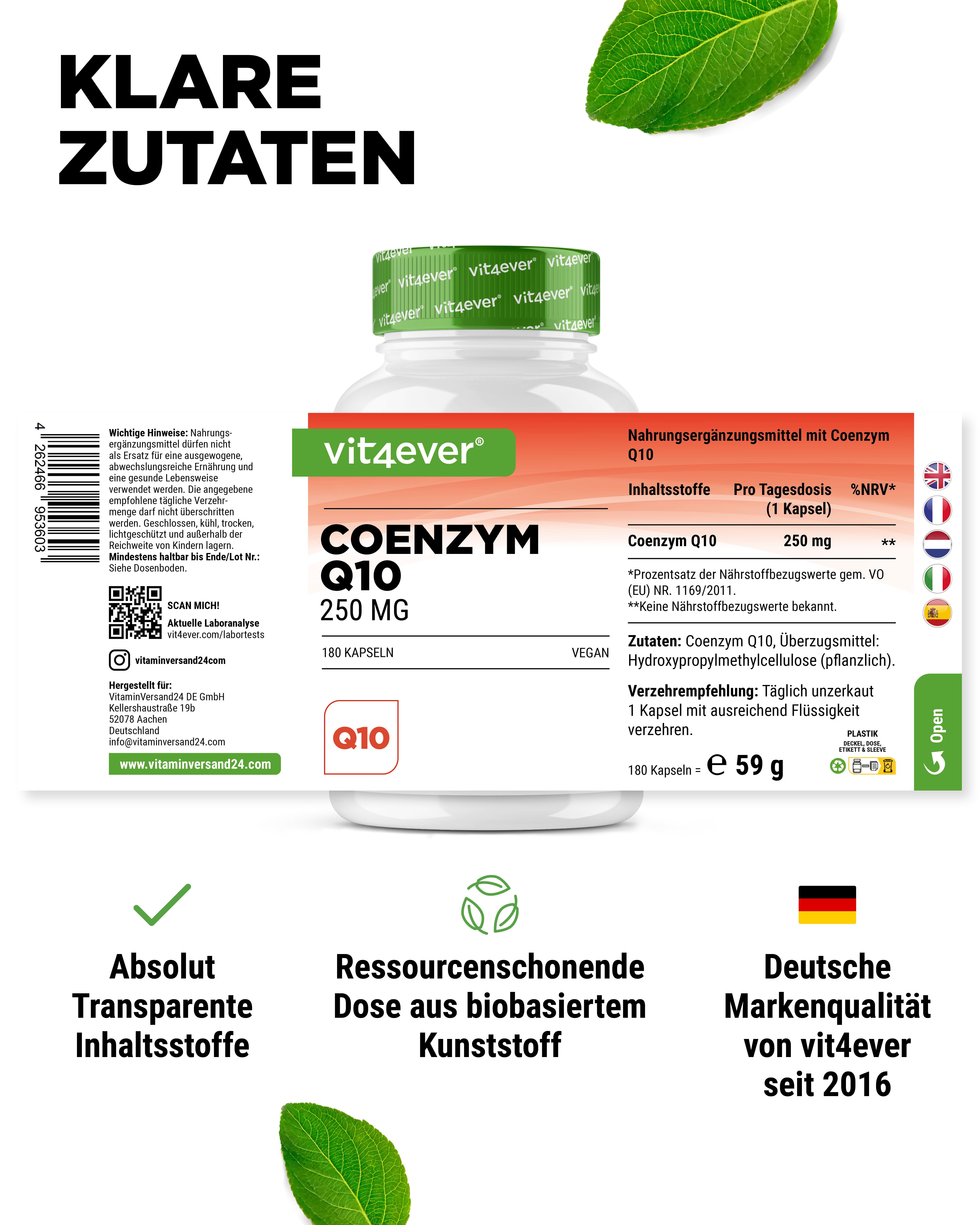 Weiße Flasche mit rotem Etikett, grüner Deckel. Aufschrift: Coenzym Q10 250 mg. 180 Kapseln. Vegan. Informationen zur Dosierung.