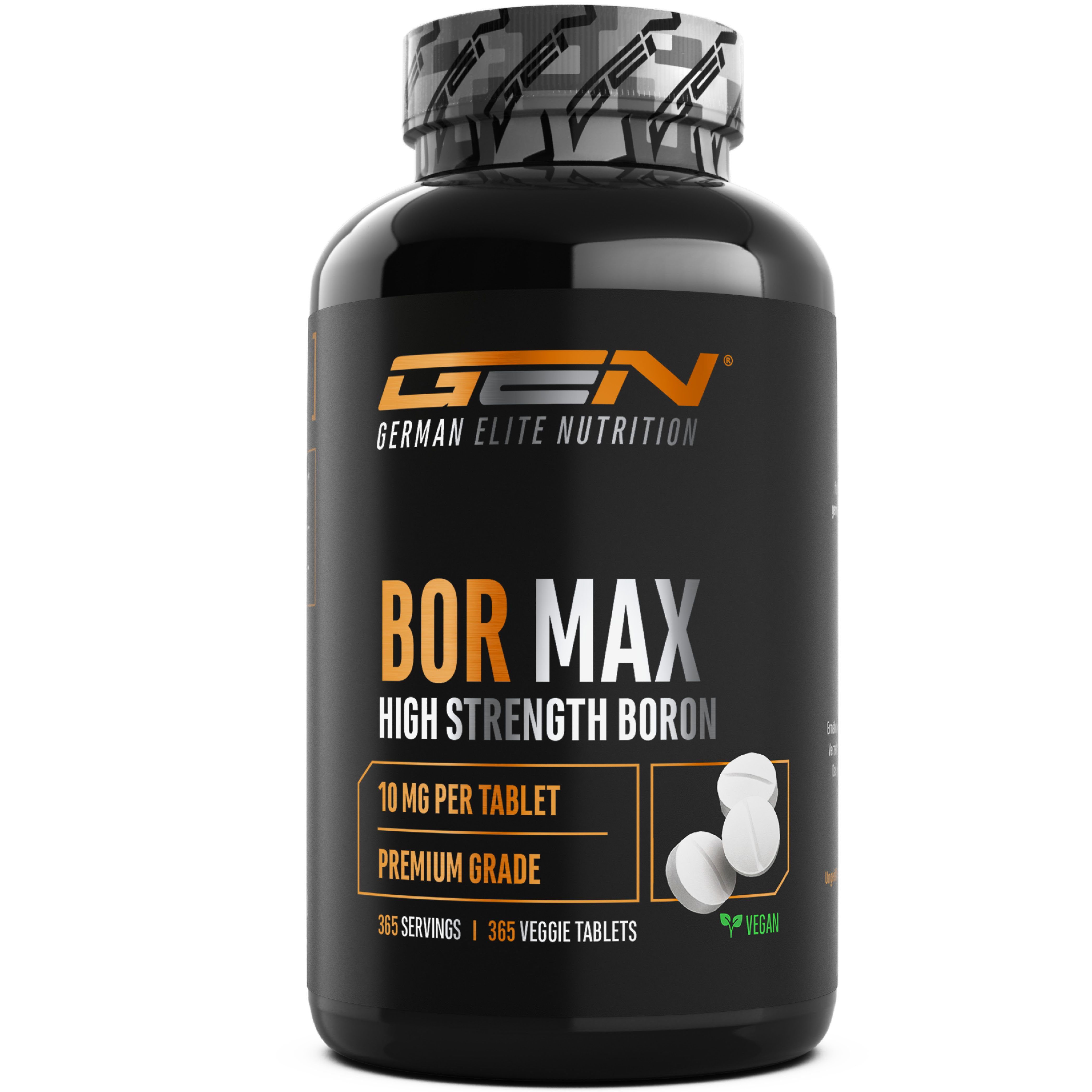 Schwarze Flasche mit GEN Bor Max-Etikett. Enthält Tabletten. Text: 10 mg pro Tablette, Premium Grade, 365 Portionen, 365 Veggie-Tabletten.