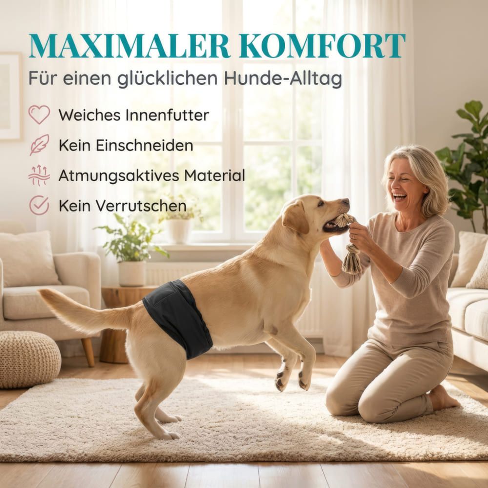 Hund mit schwarzer Windel springt. Frau spielt mit Hund. Text: Maximaler Komfort.