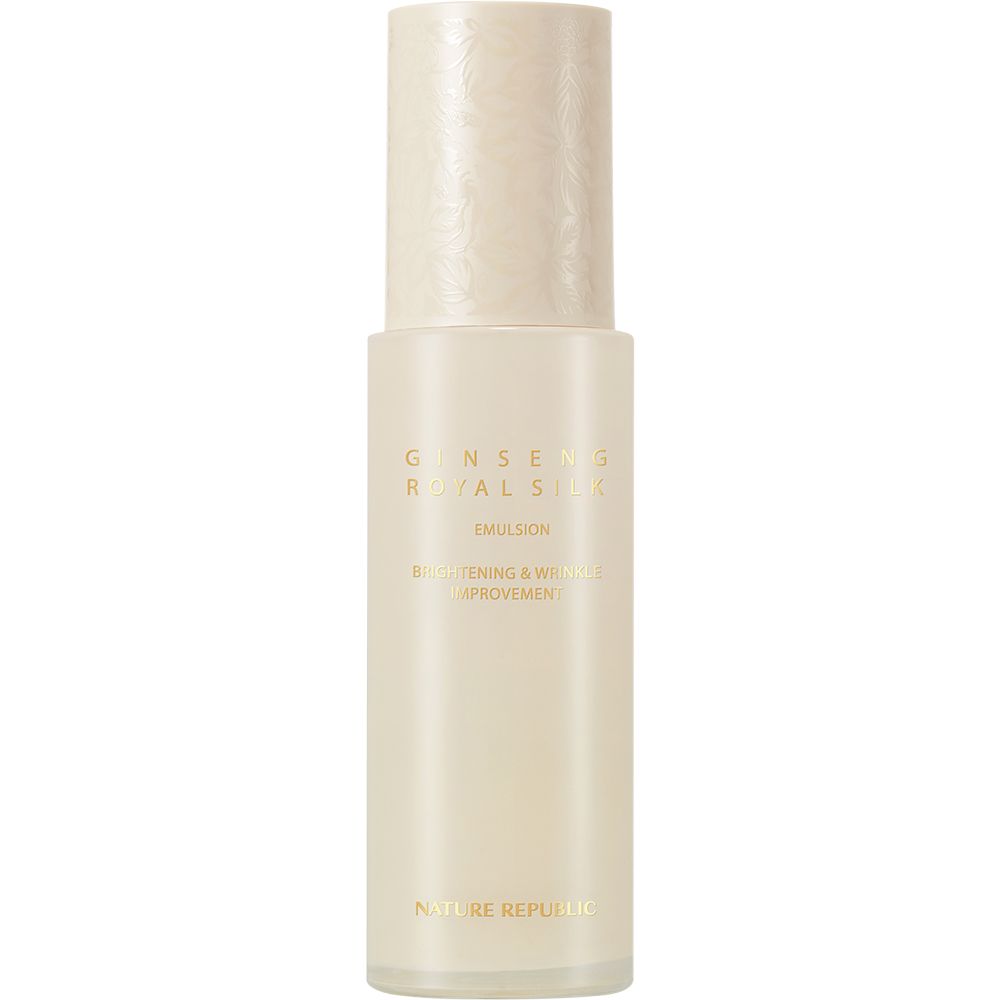 Beige Flasche mit Schriftzug 'Ginseng Royal Silk Emulsion'. Deckel mit Muster. Marke: NATURE REPUBLIC.