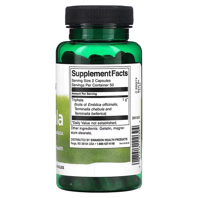 Rückseite einer grünen Flasche. Aufschrift: Supplement Facts. Triphala. Zutaten: Amla, Behada, Harada. 1g pro Portion. 50 Portionen.