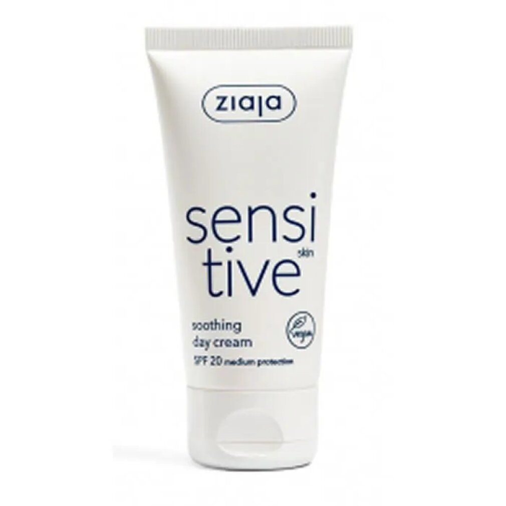 Weiße Tube mit blauem Schriftzug "sensitive" und "Ziaja" Logo. Enthält "soothing day cream" und "SPF 20". Vegan-Siegel.