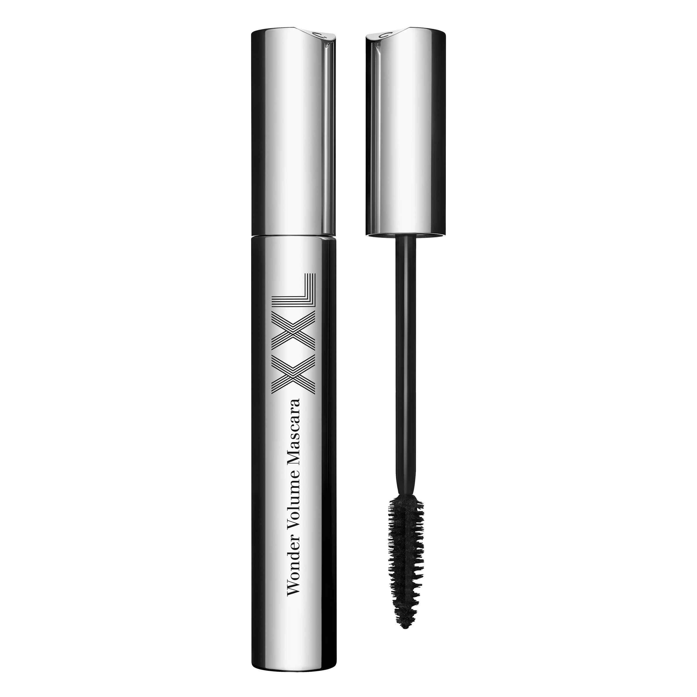 Silberne Mascarahülse mit schwarzer Bürste. Aufschrift: XXL Wonder Volume Mascara.