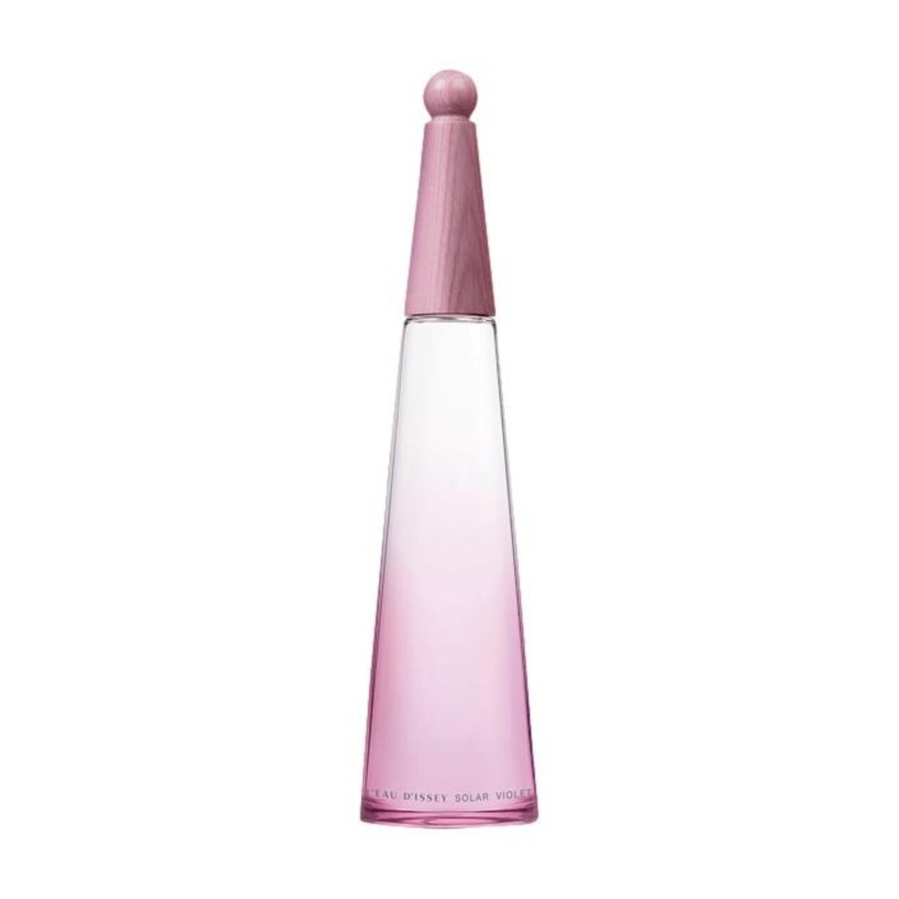 Rosa-farbener Flakon mit Holzverschluss. L'Eau d'Issey Solar Violet EdT Nat. Spray Intense.