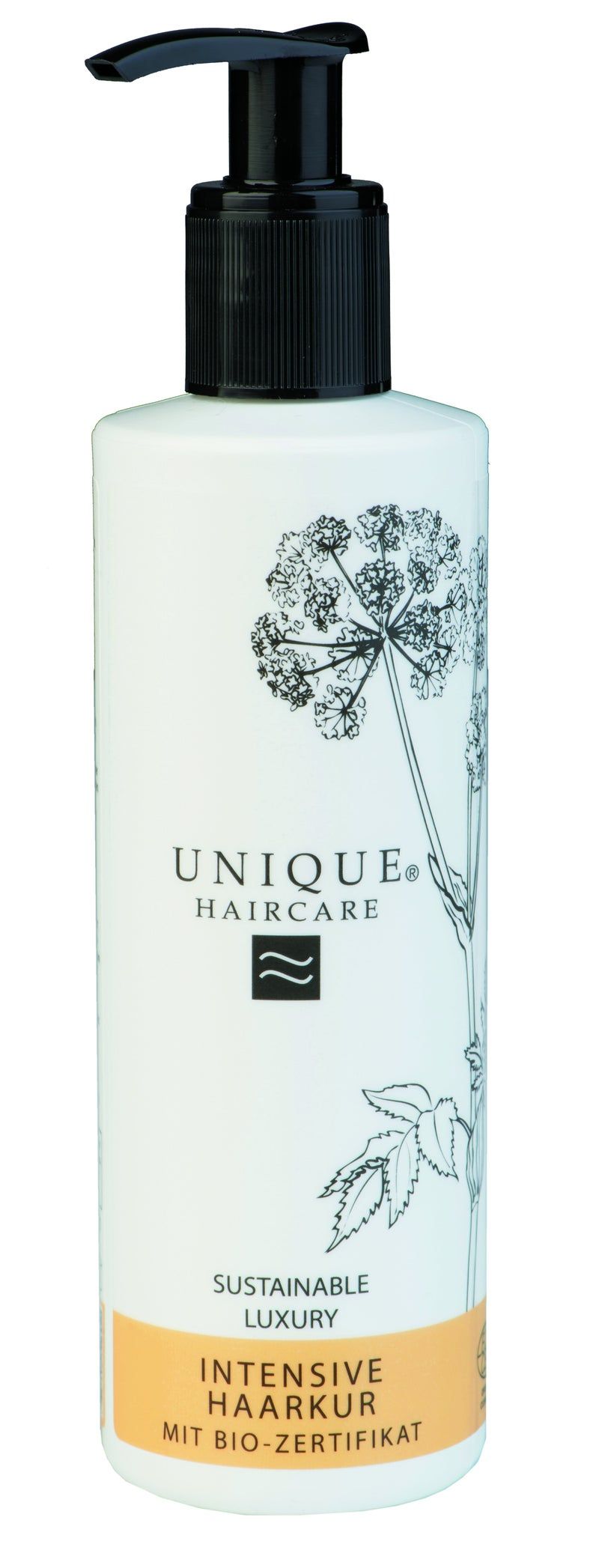 Weiße Flasche mit schwarzem Pumpkopf. Aufschrift: UNIQUE HAIRCARE, INTENSIVE HAARKUR, BIO-ZERTIFIKAT. Floral-Dekor.