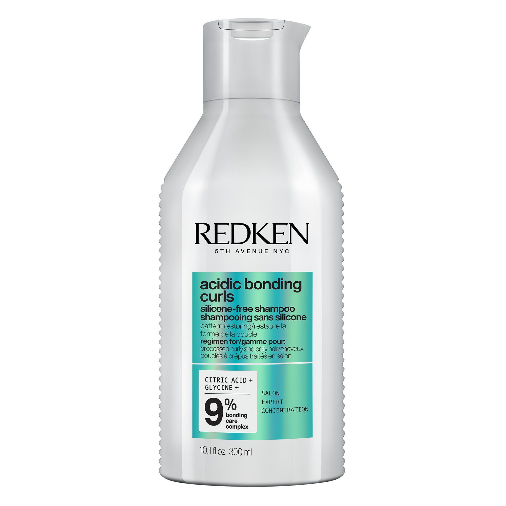 Weißes Shampoo mit Etikett. Text: REDKEN, ACIDIC BONDING CURLS, silikonfreies Shampoo. 9% Bonding Care Complex.