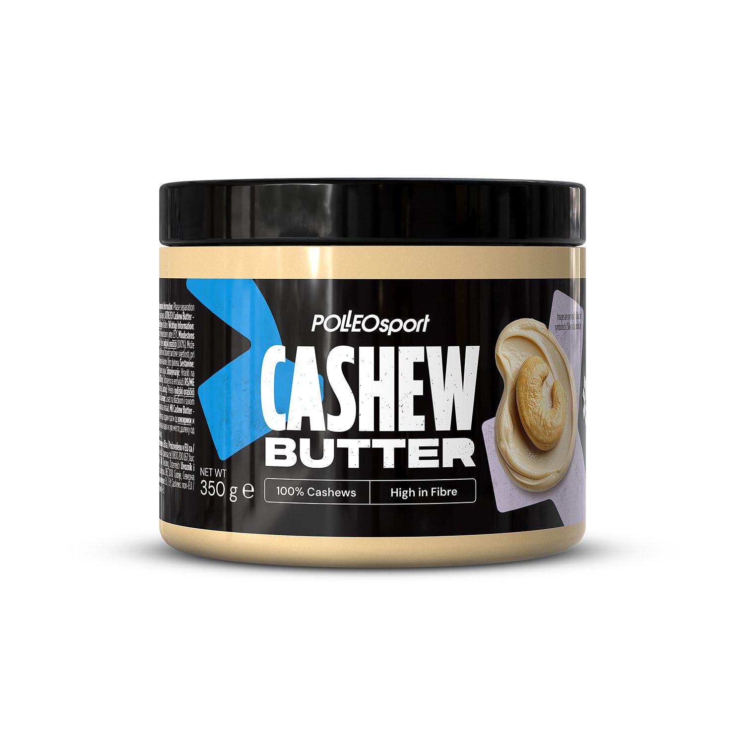 PÖLLOsport Cashewbutter in einem Becher mit schwarzem Deckel. 350g. Enthält 100% Cashews und ist reich an Ballaststoffen.