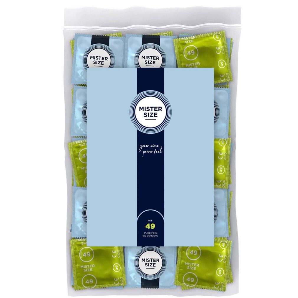 Beutel mit Kondomen. Blaue und grüne Einzelverpackungen. Aufdruck: Mister Size, 49.