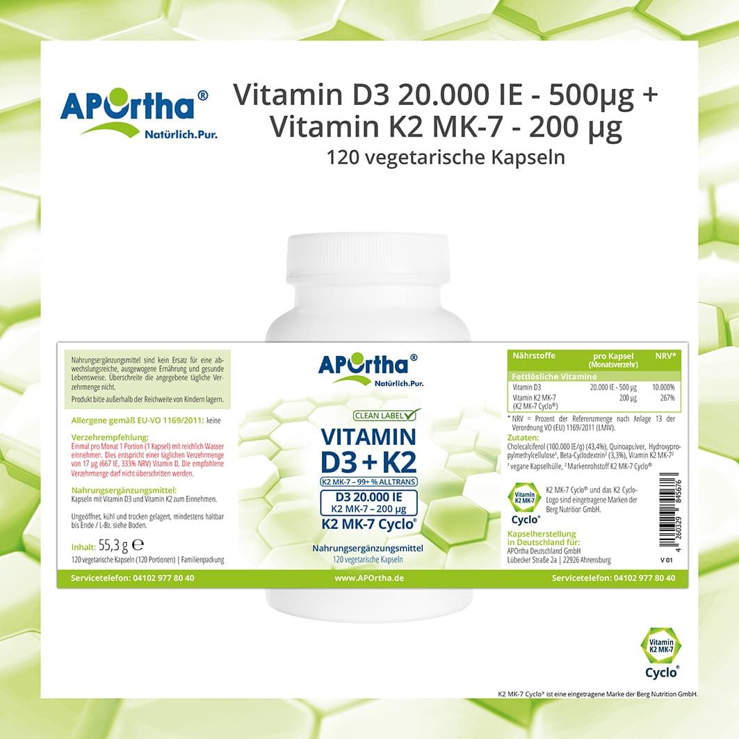 APOrtha Vitamin D3 + K2 Kapseln: Rückseite der Flasche mit Nährwertangaben und Produktinformationen.