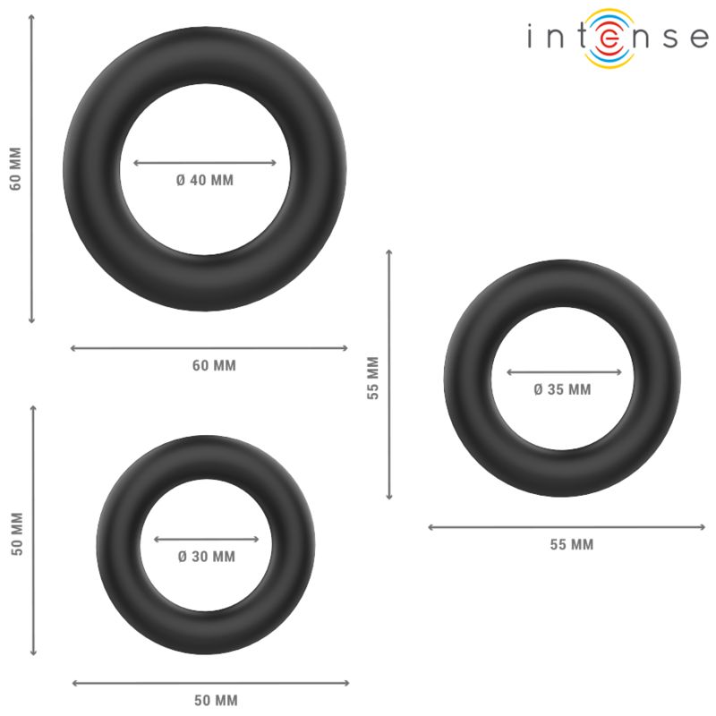 Drei schwarze Penisringe mit Größenangaben in mm. Das Logo "Intense" ist oben rechts.