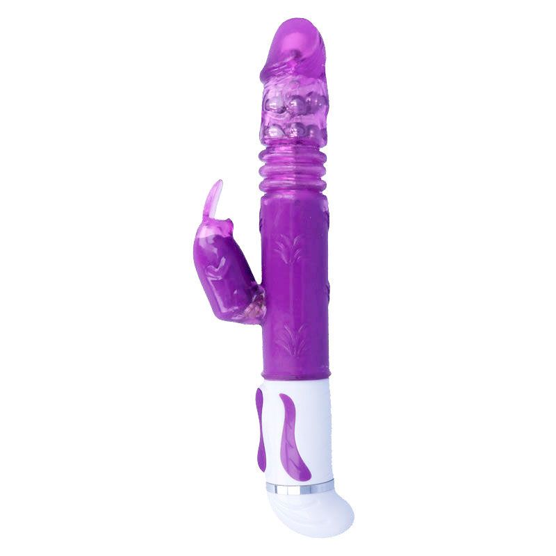 Lila Vibrator mit weißem Fuß. Mit geriffelter Oberfläche und seitlichem Element.